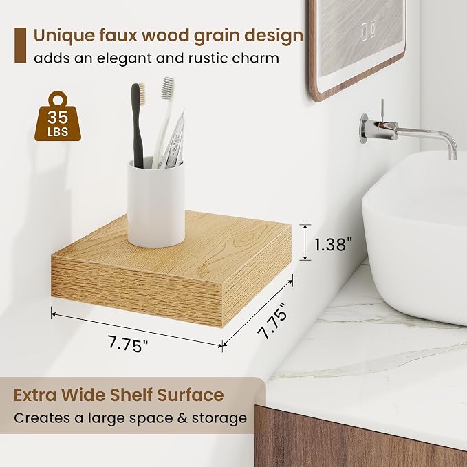 Marsmiles Square Floating Shelves for Wall, 8" W x 8" D x 1.25" H, 3 Pack Small Wall Mounted Engineered Wood Shelves with Invisible Brackets for Living Room, Bedroom, Bathroom, Kitchen Decor, Oak