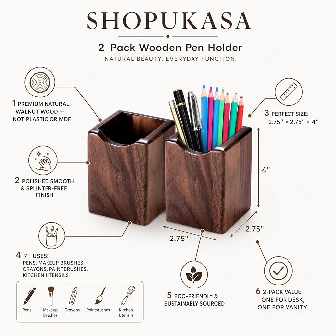 Wooden Pen Holder for Desk, 2 Pack Natural Wood Pencil Cup Holder – Office Desk Accessories Organizer, Makeup Brush Holder, Kids Crayon Marker Caddy, Eco-Friendly (2 Pack Walnut Color)