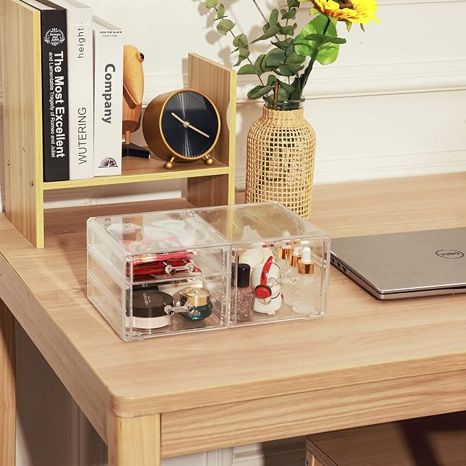 Cq acrylic 1 Pack Clear Stackable Storage Drawers for Vanity,Stackable 3 Drawers Desktop Organizer With Drawers,Cute Desk Storage for Office,Jewelry,Hair Clip,Beauty,Skincare and Make Up Organizers