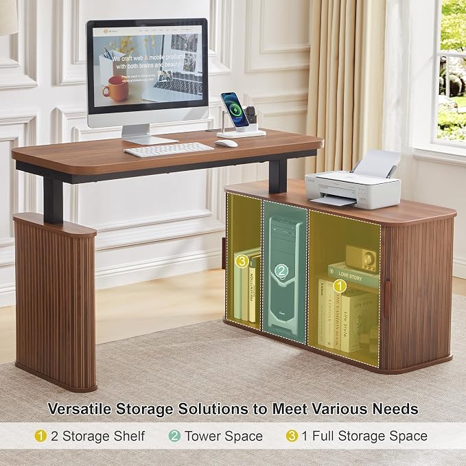 L Shaped Standing Desk with Storage, 47" Electric Desk Height Adjustable Executive Desk with Drawers, Sliding Door Wood Desk Office Sit Stand up Desk for Work, Study, Writing, Walnut