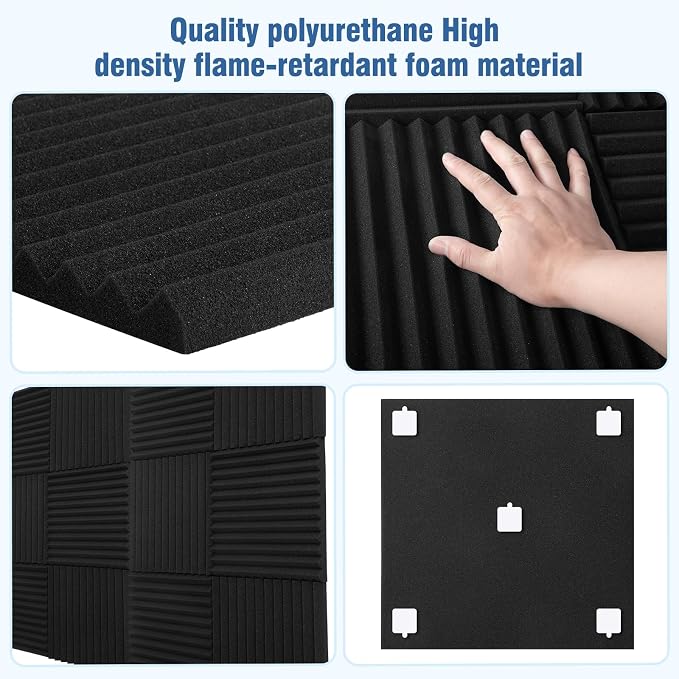 50 Pack Sound Proof Foam Panels,12"×12"×1" Acoustic Foam Panels, High Density Soundproof Wall Panels for Home Office Recoding Studio,With 250PCS Adhesive Stickers (Black, 50 Pack)