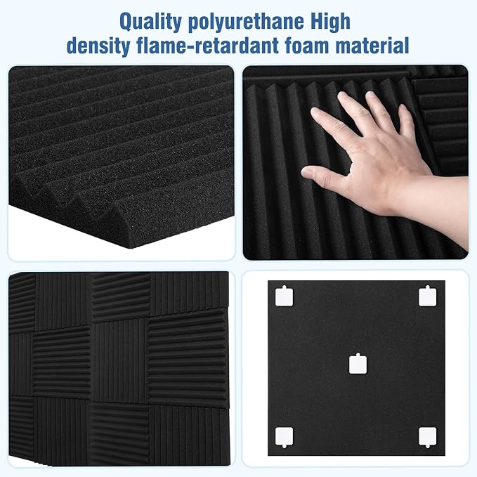 96 Pack Sound Proof Foam Panels,12"×12"×1" Acoustic Foam Panels, High Density Soundproof Wall Panels for Home Office Recoding Studio,With 250PCS Adhesive Stickers (Black, 96 Pack)