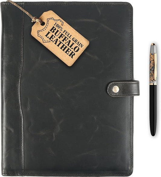 Leather Portfolio, Leather Binder with Pen, Resume Organizer & Padfolio for Men and Women | Business Portfolio with Card Holder & Document Organizer (Black)