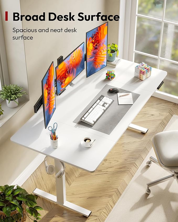 SANODESK Electric Standing Desk, 63 x 32'' Height Adjustable Sit Stand Desk with Large Splice Board Desktop Ergonomic Memory Presets Computer Workstations for Home Office, White Frame/White Top