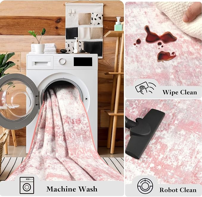 Macgace Washable Abstract Rug, 8x10 Modern Area Rugs with Non-Slip Rubber Backed for Living Room, Thin but Soft Contemporary Carpet Kitchen Bedroom Dining Room Decor, Pink