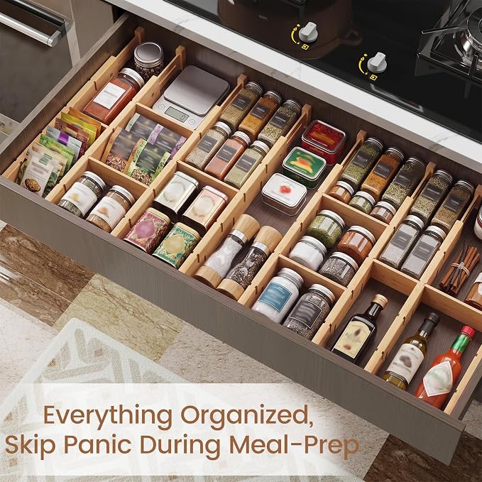 Bamboo Drawer Dividers 8 Pack with Inserts, Kitchen Adjustable Drawer Organizers for Home, Bedroom, Dresser, Expandable Organization 8 Dividers with 16 Inserts