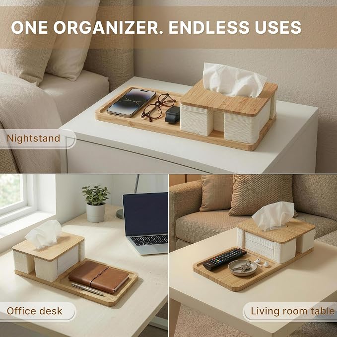 Bamboo Tissue Box Holder with Organizer Tray for Desk, Nightstand, Home | Decorative rectangle tissue box cover for nightstand, office desk, living room and bedside table, fits standard boxes