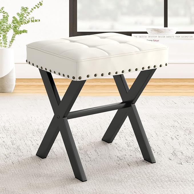 LUE BONA White Vanity Stool - Square Faux Leather Makeup Seat With Metal X Legs, Small Ottoman Chair for Makeup Room, Living Room, Bathroom - Padded Foot Rest