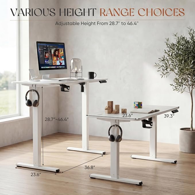 Furmax Electric Standing Desk, 40 x 24 Inches Height Adjustable Sit Stand up Desk, Memory Preset Computer Home Office Desks with Sturdy Metal Frame, Phone Stand Cable Management Hole (White, 40'')