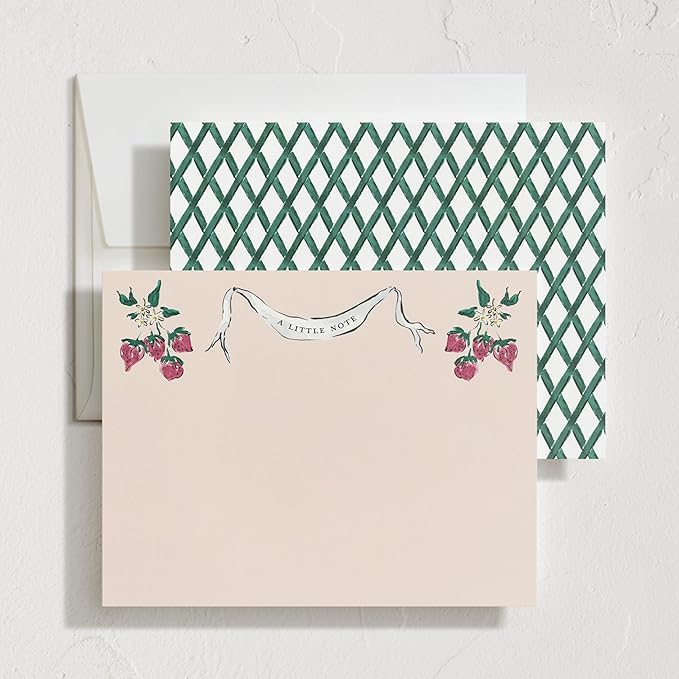 Minted Strawberry Queen Stationery Set, Set of 10, Flat Note Cards & Envelopes for Invitiations and Handwritten Thank You Messages, Strawberries & Vintage Banner, Gifts for Women, Luxurious Paper