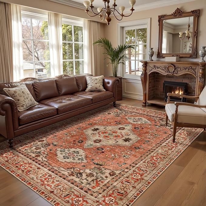 Tangsoo 8x10 Area Rug for Living Room, Washable Vintage Rug Indoor Boho Non Slip Large Area Rugs, Print Distressed Terracotta Carpet, Soft Low Pile Foldable Floor Rug for Bedroom Dining Room