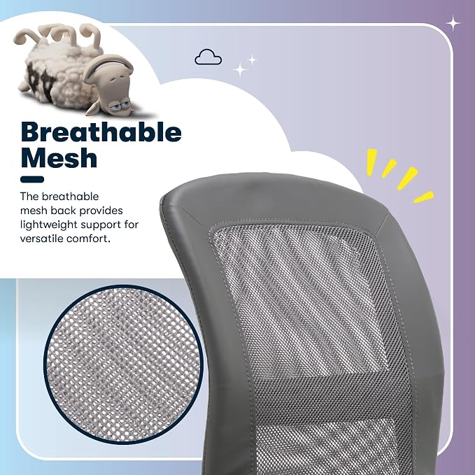 Serta Armless Small Home Desk Chair with Wheels, Ergonomic Mesh Back Chair | Leather & Foam Cushion Seat, Adjustable Height, Small Vanity Chair for Bedroom & Small Spaces, Home Office Desk Chair, Gray