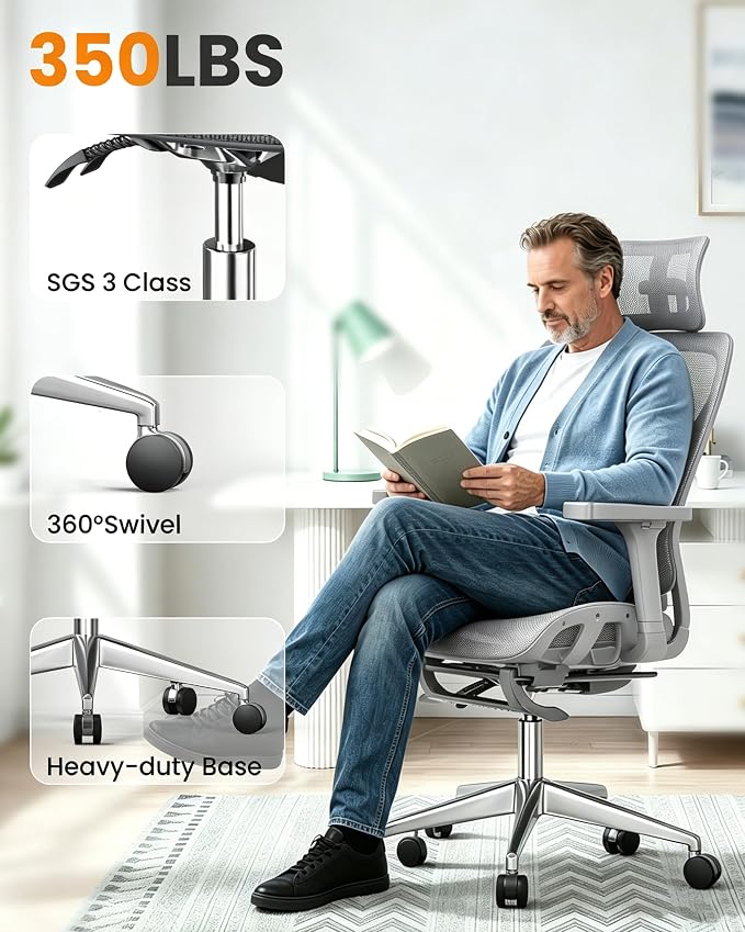naspaluro Ergonomic Office Chair High Back for Home, Work and Gaming Grey | Mesh Desk Chair with Adjustable Lumbar Support, 3D Headrest and Armrests, Footrest, Swivel Computer Chair 350lbs Capacity