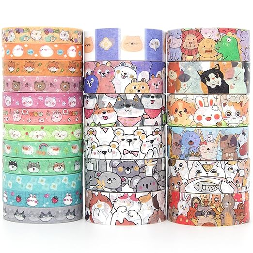 WAPETASHI Cute Washi Tape Set - 24 Rolls Kawaii Animals Gold Foil Decorative Masking Tape for Journaling, Scrapbooking, Kids DIY Crafts, Aesthetic Supplies, Planners, Bullet Journal