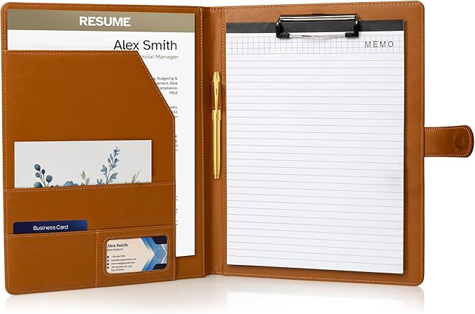 Professional Padfolio with Notepad Included | Faux Leather Portfolio Folder with Clipboard, Resume Folder, Legal Pad Holder, Business Card Holder | A4 Letter Size | Brown