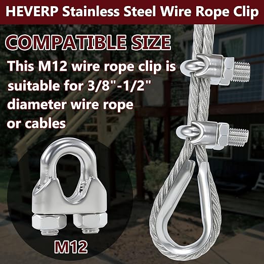 4PCS 1/2 Inches M12 Stainless Steel Wire Rope Clips Cable Clamps | Corrosion resistant,antirust,easy to install,suitable for 3/8" - 1/2" diameter wire rope or cables