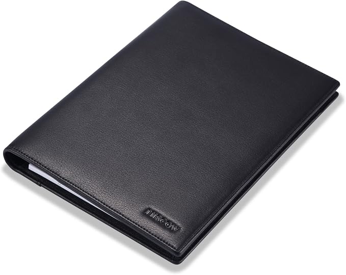 HISCOW Slim Leather Junior Padfolio, 5x8 Notepad Cover, Classic Black | Italian full-grain cowhide, top-loading legal pad holder, rigid pen loop, quick-access card slot, zipperless boardroom design