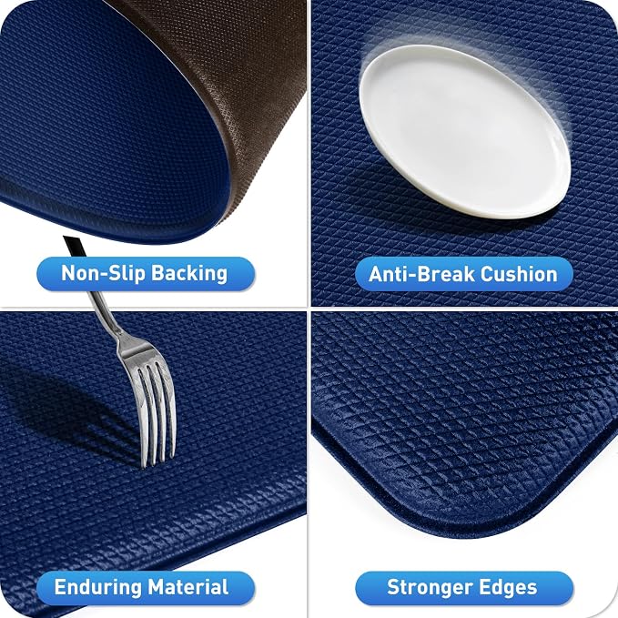 HappyTrends Kitchen Mat for Floor, 2PCS Cushioned Anti-Fatigue Kitchen Rugs, Waterproof Non-Slip Standing Mats and Rugs Set for Kitchen, Office, Laundry, Navy, 17.3"×30"+17.3"×47"