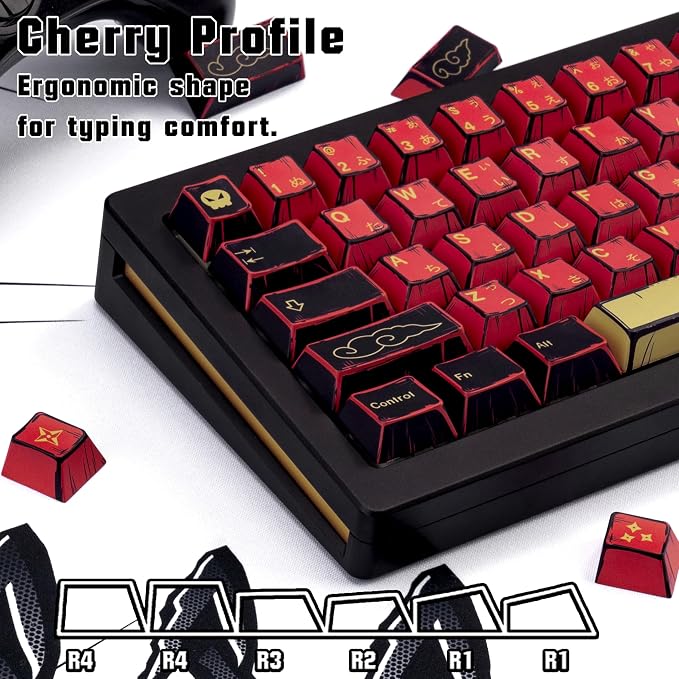 Retro Red Black Anime PBT Keycaps Cherry Profile Key caps, Manga Japanese Theme Keycaps, 5 Side Dye Sublimation 130 Keys Set for Cherry Gateron MX Switches Keyboards (Red Samurai)