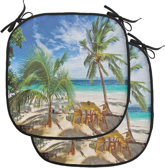 Lunarable Coastal Chair Cushion Pads Set of 2, Dining in Beach Under The Sun Rays Palm Trees Shadows Shades Vacation Image, Anti-Slip Seat Padding for Kitchen & Patio, 16"x16", Green Blue Ivory