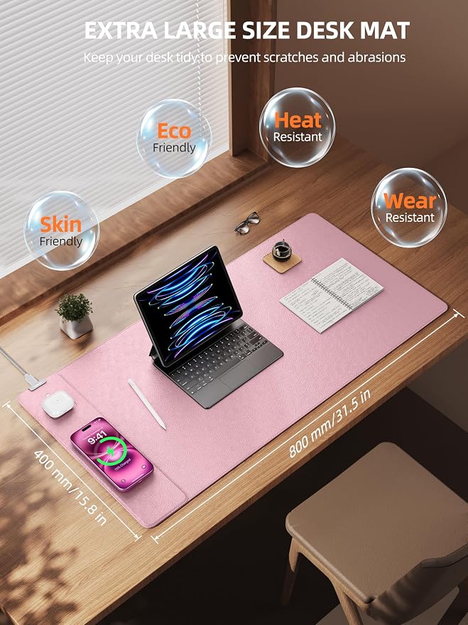TopMade Mouse Pad with 15W Wireless Charging, XXL Large Leather Desk Mat, Waterproof Gaming Mousepad Home Office Desk Pad Protector, Computer Keyboard Pad, Mouse Mat for MacBook, PC, Laptop, Pink