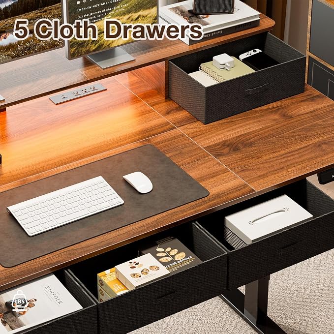 71x32 Inch Electric Standing Desk with 5 Drawers, Sit Stand Desk with Power Outlets, Monitor Shelf, LED Light and Cable Management, Height Adjustable 28.3-47.2 Inch for Home & Office, Walnut