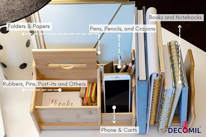 DECOMIL Bamboo Desk Organizer, Wood Desktop Shelf, Perfect Office Decor for Office Supplies Storage, Multifunction Desktop Organizer Shelf