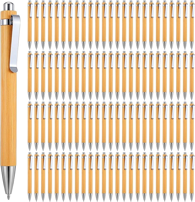 100pcs Wooden Bamboo Pens Bulk Wood Retractable Ballpoint Pen Black Ink 1mm Thank You Wooden Pens Engraving Wood Ballpoint Pen for Office School Teacher Coworker Student Journal Graduation Gifts