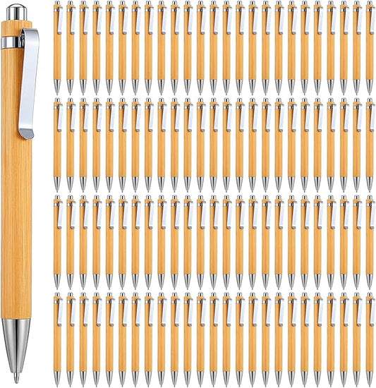100pcs Wooden Bamboo Pens Bulk Wood Retractable Ballpoint Pen Black Ink 1mm Thank You Wooden Pens Engraving Wood Ballpoint Pen for Office School Teacher Coworker Student Journal Graduation Gifts
