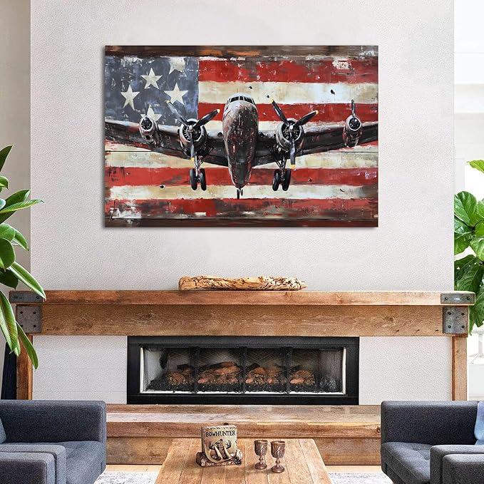 Vintage American Flag Airplane Wall Art Old Engine Aircraft Pictures for Living Room Retro Propeller Wall Decor Poster Aviation Canvas Prints Modern Artwork Bedroom Office Home Decorations 32x48"