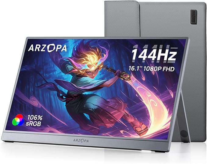 ARZOPA 16.1'' 144Hz Portable Gaming Monitor, 106% sRGB 1080P FHD Kickstand Portable Monitor with HDR, Ultra Slim, Eye Care, External Second Screen for Laptop, PC, PS5, Mac, Xbox-Z1FC Gray