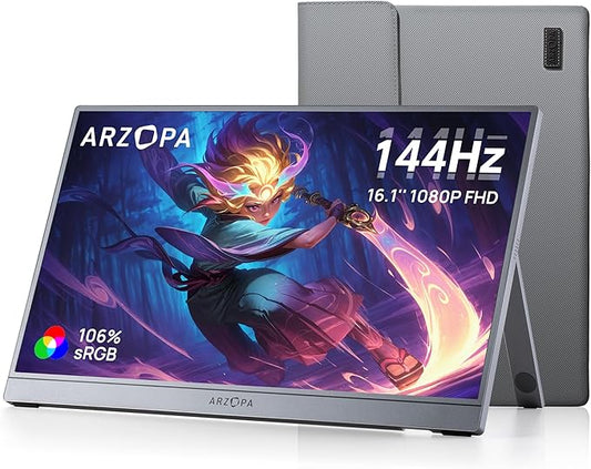 ARZOPA 16.1'' 144Hz Portable Gaming Monitor, 106% sRGB 1080P FHD Kickstand Portable Monitor with HDR, Ultra Slim, Eye Care, External Second Screen for Laptop, PC, PS5, Mac, Xbox-Z1FC Gray