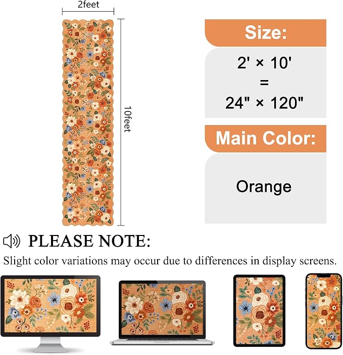 DUKINO 2x10 Runner Rug for Hallway, Washable Kitchen Rug with Non Slip Backing & Non-Shediing, Soft Low Pile Floral Design Runner for Bedroom, Kithchen, Living Room, Laundry, Bathroom, Orange