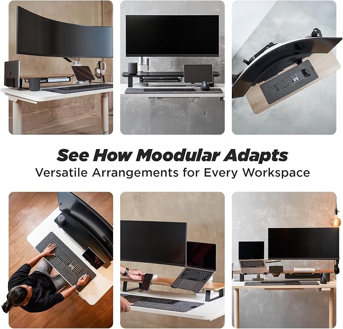 Moodular Wooden Monitor Stand Desk Organizer, Large 45.6" Black | Customizable Organized Workspace, Aluminum Slide Rails, 10 Add-Ons Sold Separately: Storage Drawer, Tablet, Phone & More