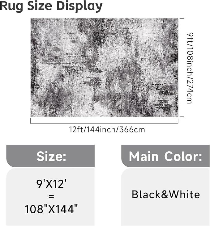 RUUGME 9X12 Abstract Area Rug:Large Washable Living Room Rug Indoor Non Slip Low Pile Carpet for Bedroom Soft Foldable Stain Resistant Distressed Thin Rug for Dining Room Kitchen 9X12 Black A