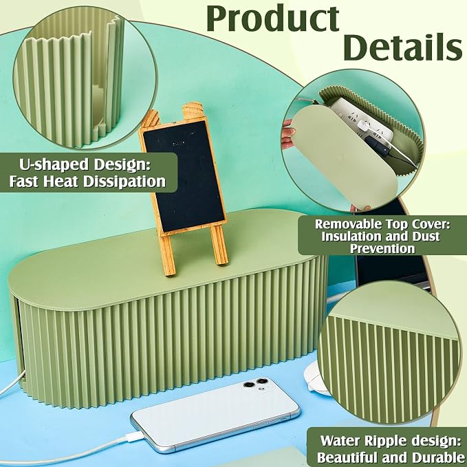 2 Pcs Cable Management Box, Fits Most Power Sockets, 11.8x5.1x4.3 in | Hides Cords & Power Sockets, Bamboo Lid, Beige & Black Options, Includes 48 Accessories, Home Office Desk or Floor Use