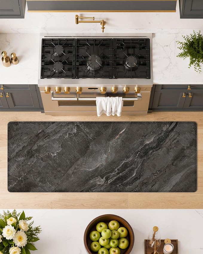 Color&Geometry Kitchen Mats for Floor 24x87 Black Marble Design | Non Slip Kitchen Runner, Easy Clean, Oil/Water Proof, 0.4in Thick Antifatigue Standing Mat For Laundry/Office, Home Decor
