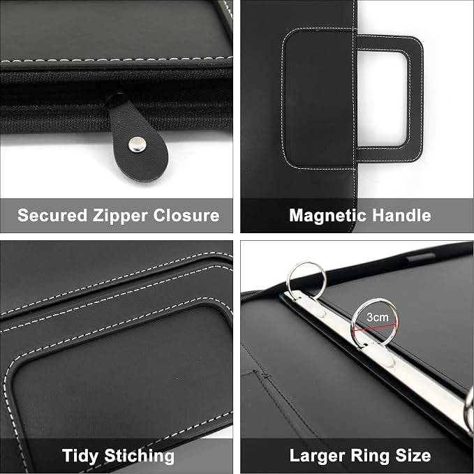 GraduatePro 3 Ring Portfolio Binder with Handles - 1.2 Inch Rings, Faux Leather Padfolio with Zippered, Storage Pouch for Tablet, Mobile Phone Pocket, Travel Documents for Men and Women(Black)