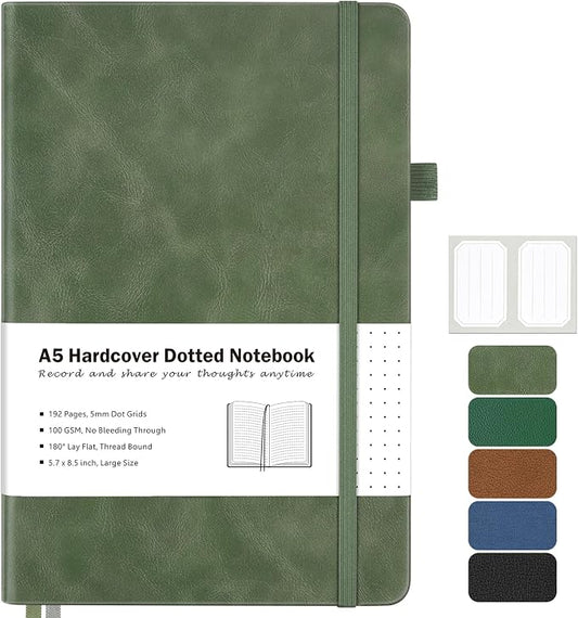Dotted Journal, Hardcover Notebook, Dot Grid Notebook Journal for Women, Men, Large Leather Journals for Writing, Bullet, No Bleed Thick Paper, A5 Notebooks for Work, School, Notes, Light Green