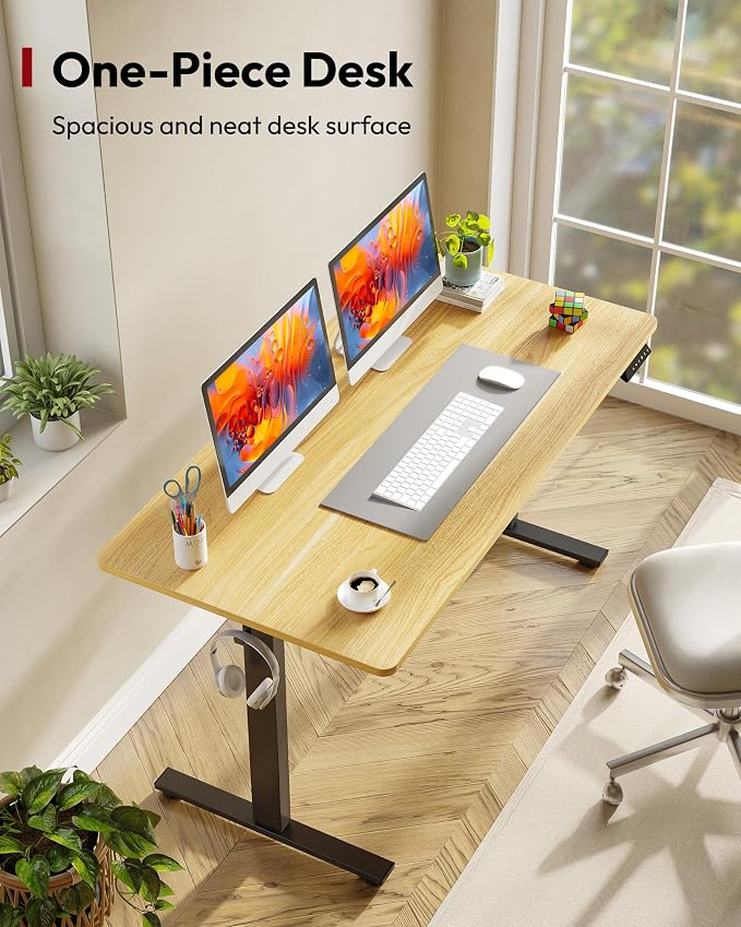 SANODESK One-Piece Electric Standing Desk, Seamless 55 x 28'' Ergonomic Height Adjustable Sit Stand Desk with Memory Presets for Home Office Computer Workstation, Black Frame/Natural Top