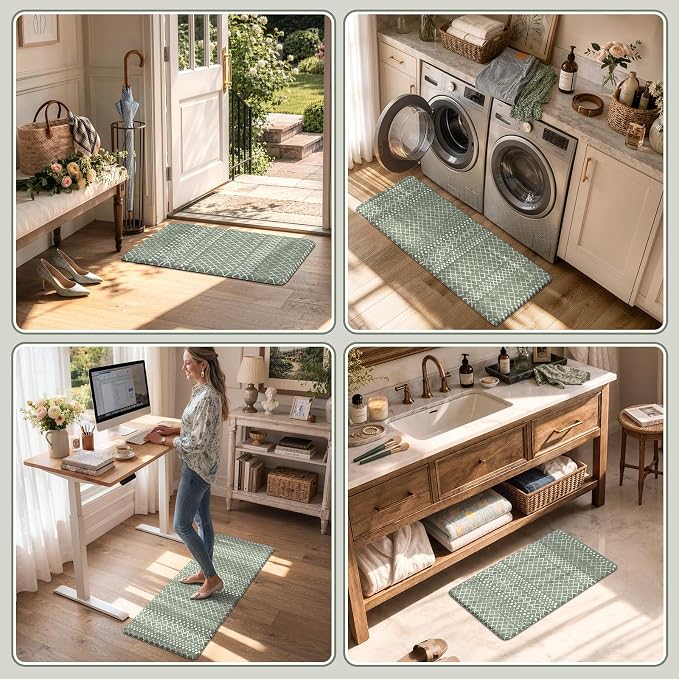 KIMODE Anti Fatigue Kitchen Mats for Floor, Boho Kitchen Rugs Sets of 2, Cushioned Kitchen Floor Mats, Comfort Standing Mat for Sink Laundry Office Desk Green 17"x59"+17"x29"