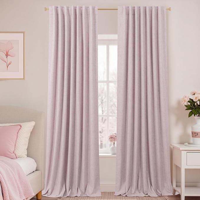 KOUFALL 52x108 Inches Long Pink Back Tab Linen Blackout Curtains for Living Room