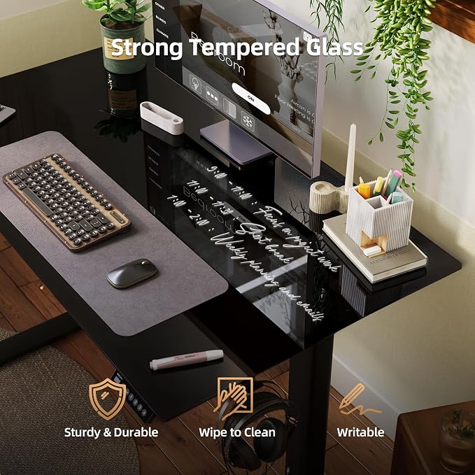 INNOVAR 35 x 20 Inch Black Glass Standing Desk with Drawers | Tempered Glass Top, Ergonomic, Adjustable Height, Stand Up Desk, Home Office, 4 Memory Presets