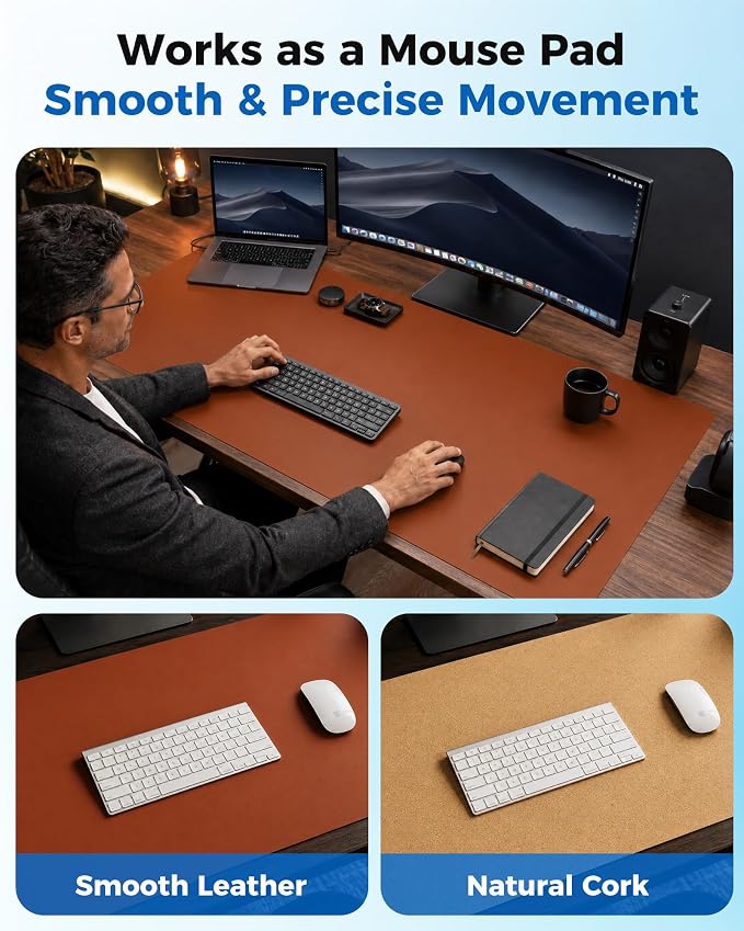 Aothia Dual-Sided Desk Mat - Leather & Cork Desk Protector, Large Mouse Pad & Writing Pad for Office/Home, Maple Brown (37.8"x17")