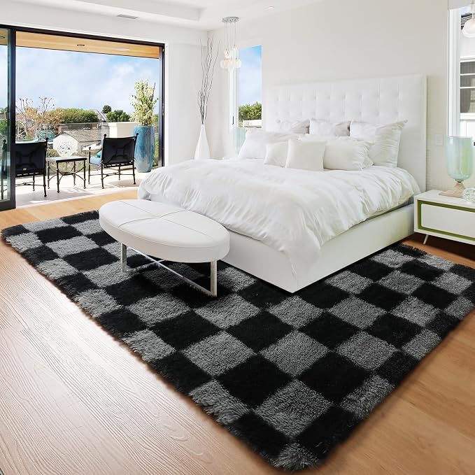 KICMOR Rugs for Living Room 5x7 Black and Grey, Soft Fluffy Checkered Shag Area Rug Furry Shaggy Floor Carpets for Bedroom, Indoor Fuzzy Plush Rug for Teen Kids Boys Girls Room Nursery Home Decor