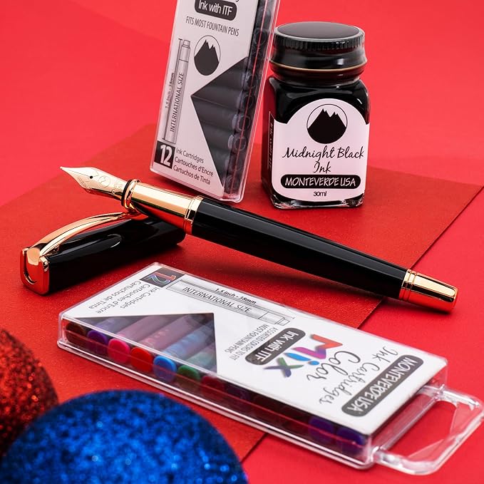 Monteverde USA Impressa Fountain Pen - Black & 24K Gilded Rose Gold Pen, 24K Gilded Gold Fine Nib, Free Ink Bottle, Free 24 Cartridges, Luxury Writing Experience, Elegant Executive Gift Set