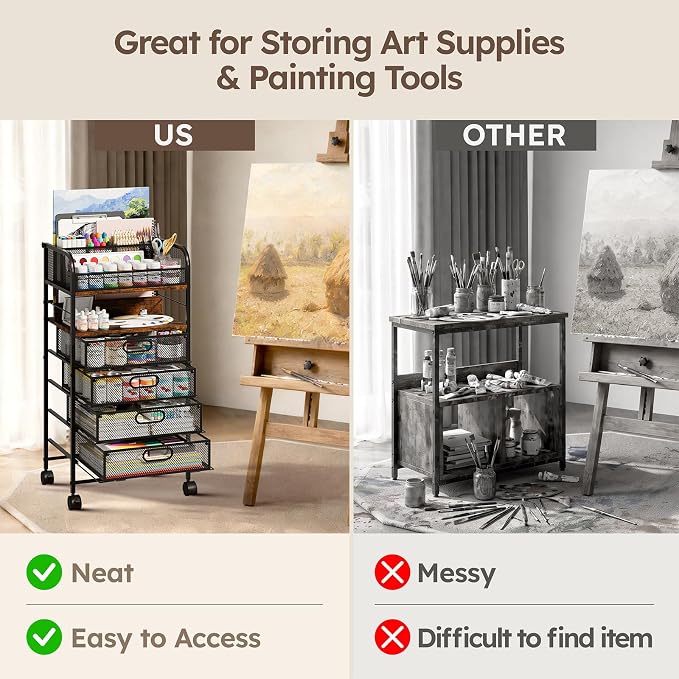 Rolling Art Cart with 4 Drawers, Rustic | Art Supplies Organizer, 5-Tier Storage, Adjustable Dividers, Anti-Pull Mesh Drawers, Metal Frame, 4 Casters with 2 Locks