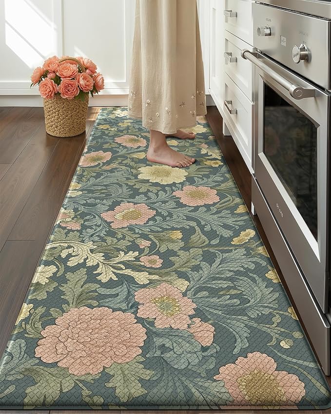 Color&Geometry Natural Floral Kitchen Floor Mat 24x87 Anti Fatigue, Green | 0.4in Thick Cushioned Standing Mat For Cooking/Working/Laundry, Flower Home Decor, Non Slip PVC Kitchen Rug, Oil/Water Proof