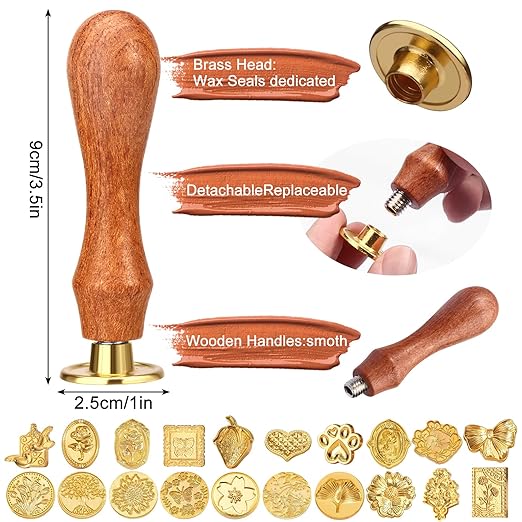 Draupnir Wax Seal Stamp Kit, 21pcs Vintage Classic Sealing Wax Stamp Heads with Wooden Handle, Gold, Ideal for Wedding, Party Invitations, Gift Wrapping