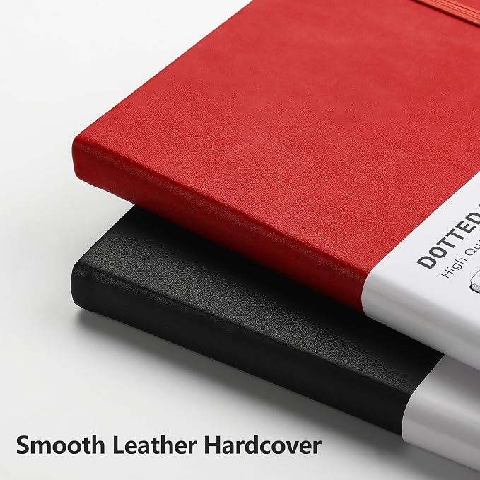 RETTACY Dotted Journal Notebook, 320 Numbered Pages, A5 Medium Size (5.7'' × 8.3''), Leather Hardcover, 100 GSM Thick Paper, for Journaling, Planning, Tracking (Red)